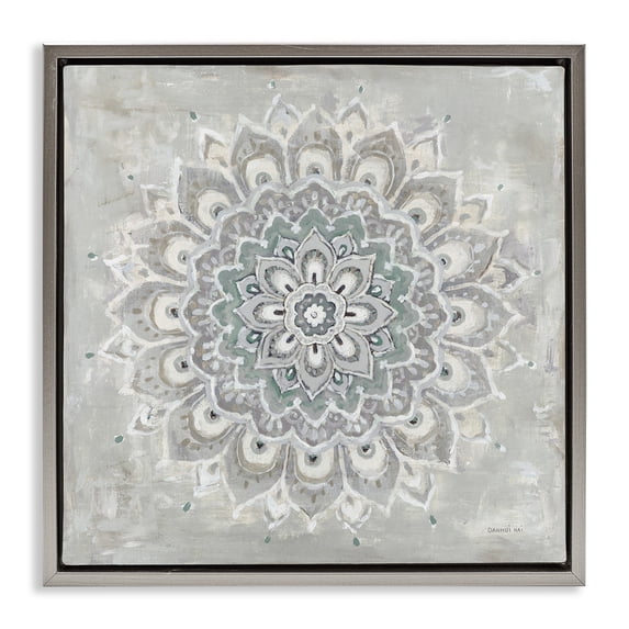 Stupell Industries Gentle Mandala Flower Abstract Painting Gray Floater Framed Canvas Art Print Wall Art, 18 x 18