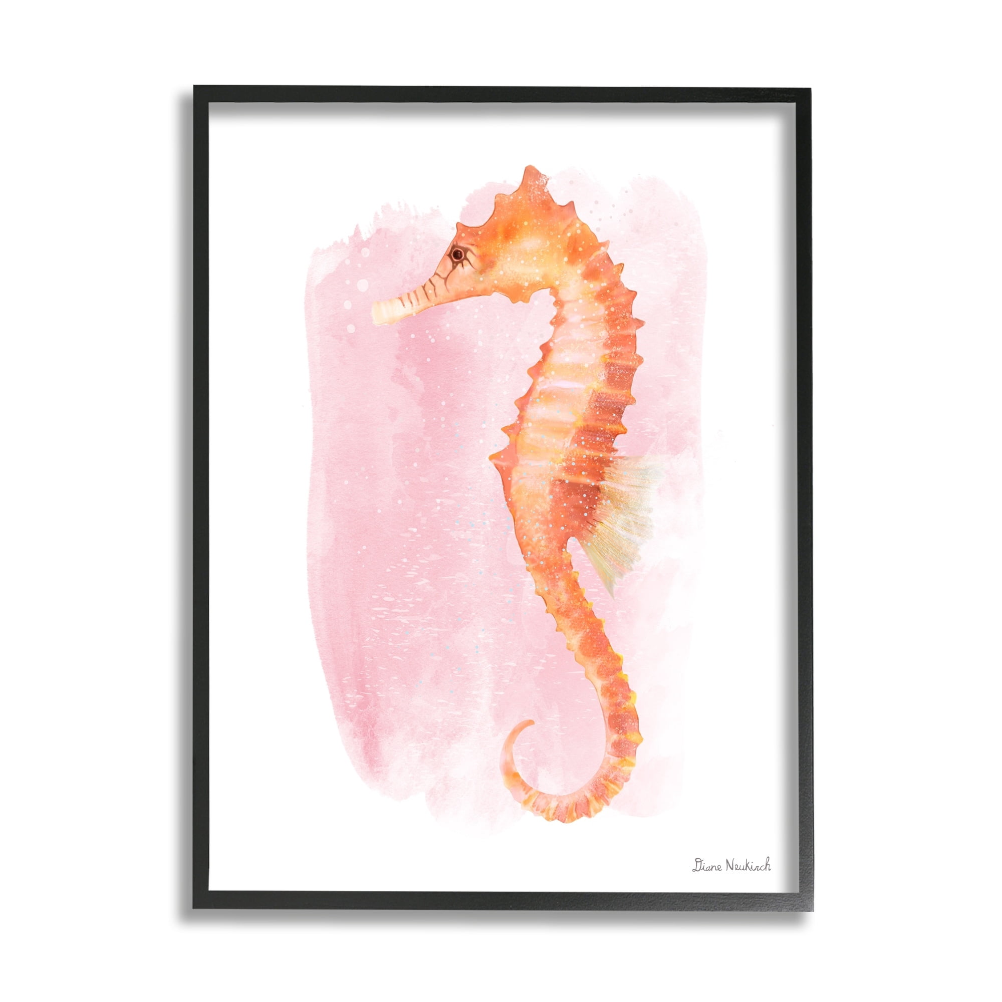 Stupell Industries Gentle Orange Seahorse Speckled Pink Watercolor Detail Painting Black Framed Art Print Wall Art, Design by Diane Neukirch