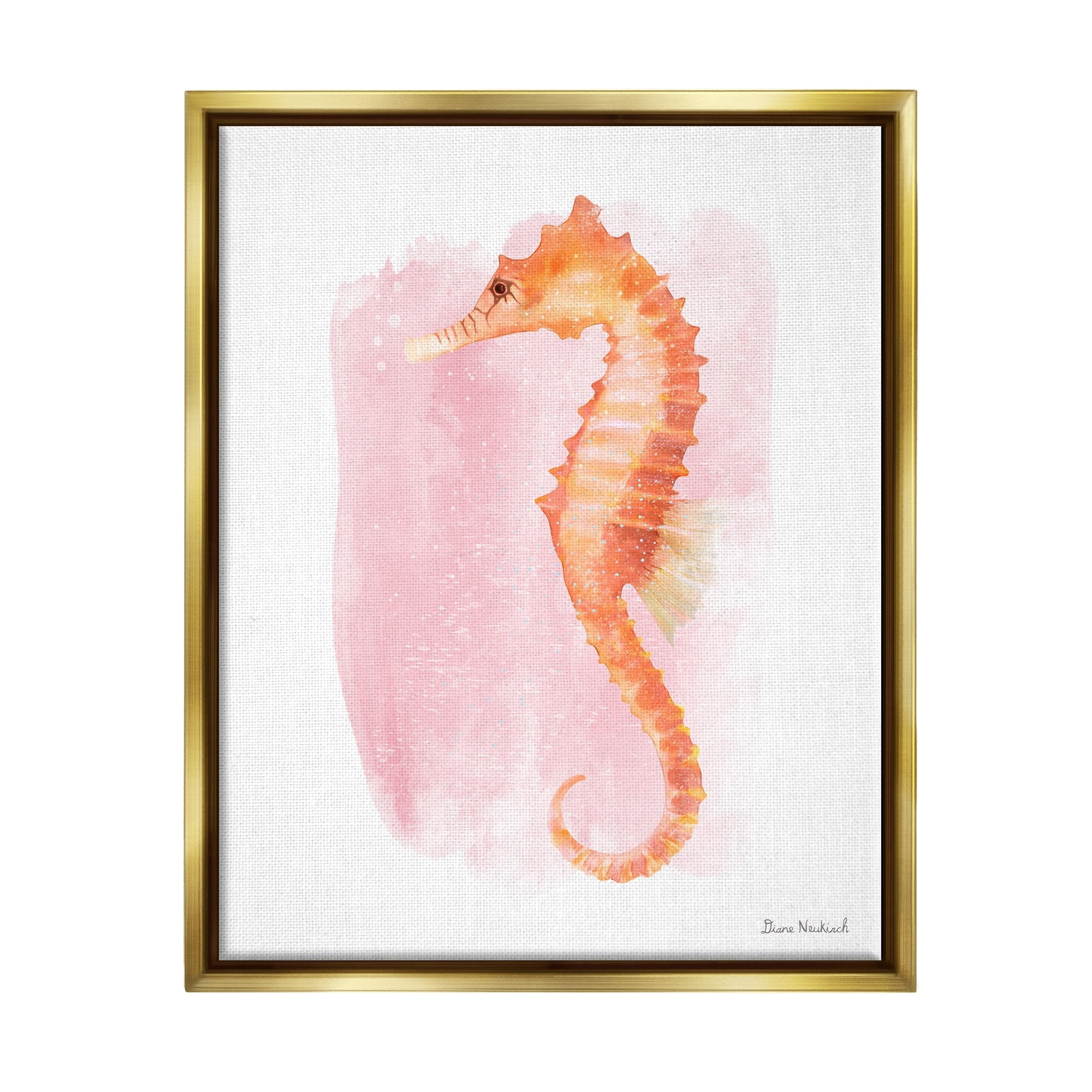 Stupell Industries Gentle Orange Seahorse Speckled Pink Watercolor Detail Painting Metallic Gold Floating Framed Canvas Print Wall Art, Design by Diane Neukirch