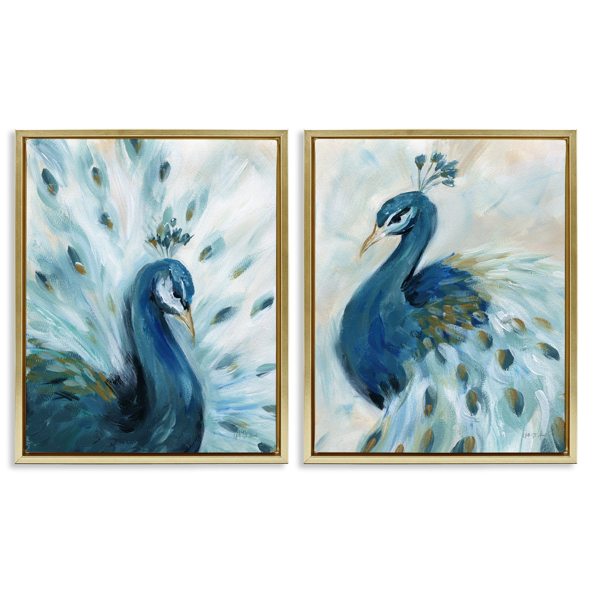 Stupell Industries Gentle Pretty Peacocks Animals Painting Gold Floater Framed Canvas Art Print Wall Art, 17 x 21, Set of 2