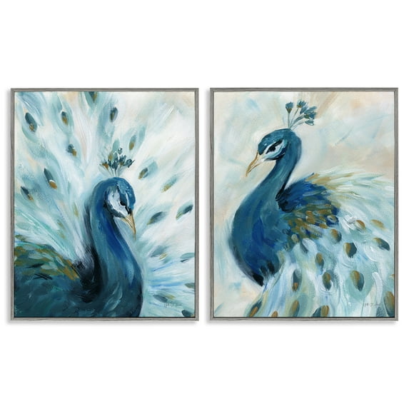 Stupell Industries Gentle Pretty Peacocks Animals Painting Gray Framed Art Print Wall Art, 16 x 20, Set of 2