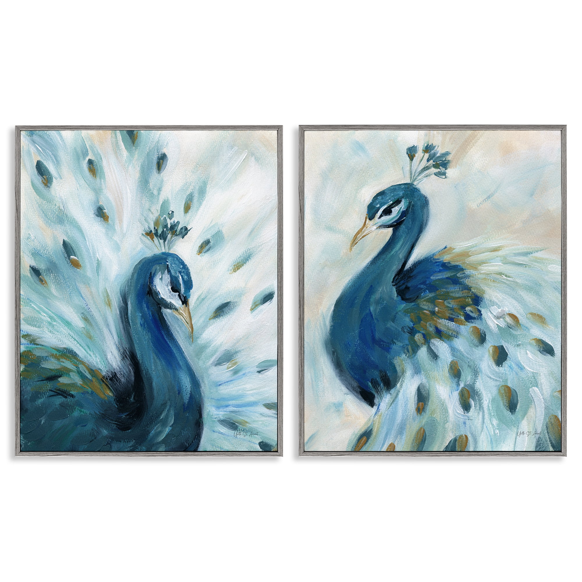 Stupell Industries Gentle Pretty Peacocks Animals Painting Gray Framed Art Print Wall Art, 24 x 30, Set of 2