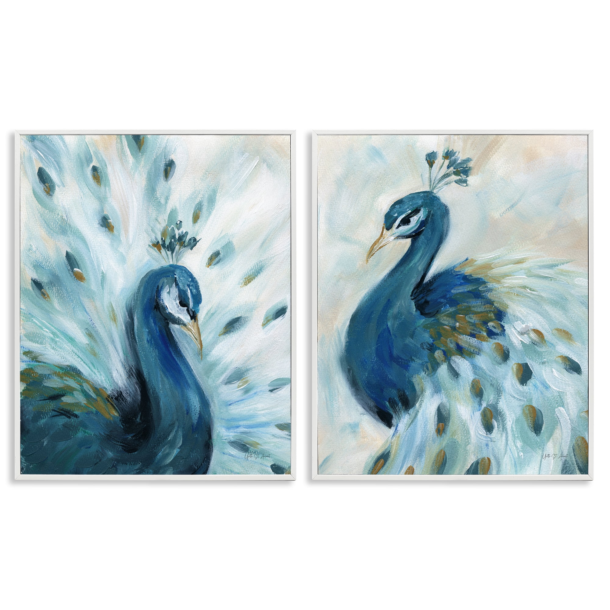 Stupell Industries Gentle Pretty Peacocks Animals Painting White Framed Art Print Wall Art, 11 x 14, Set of 2
