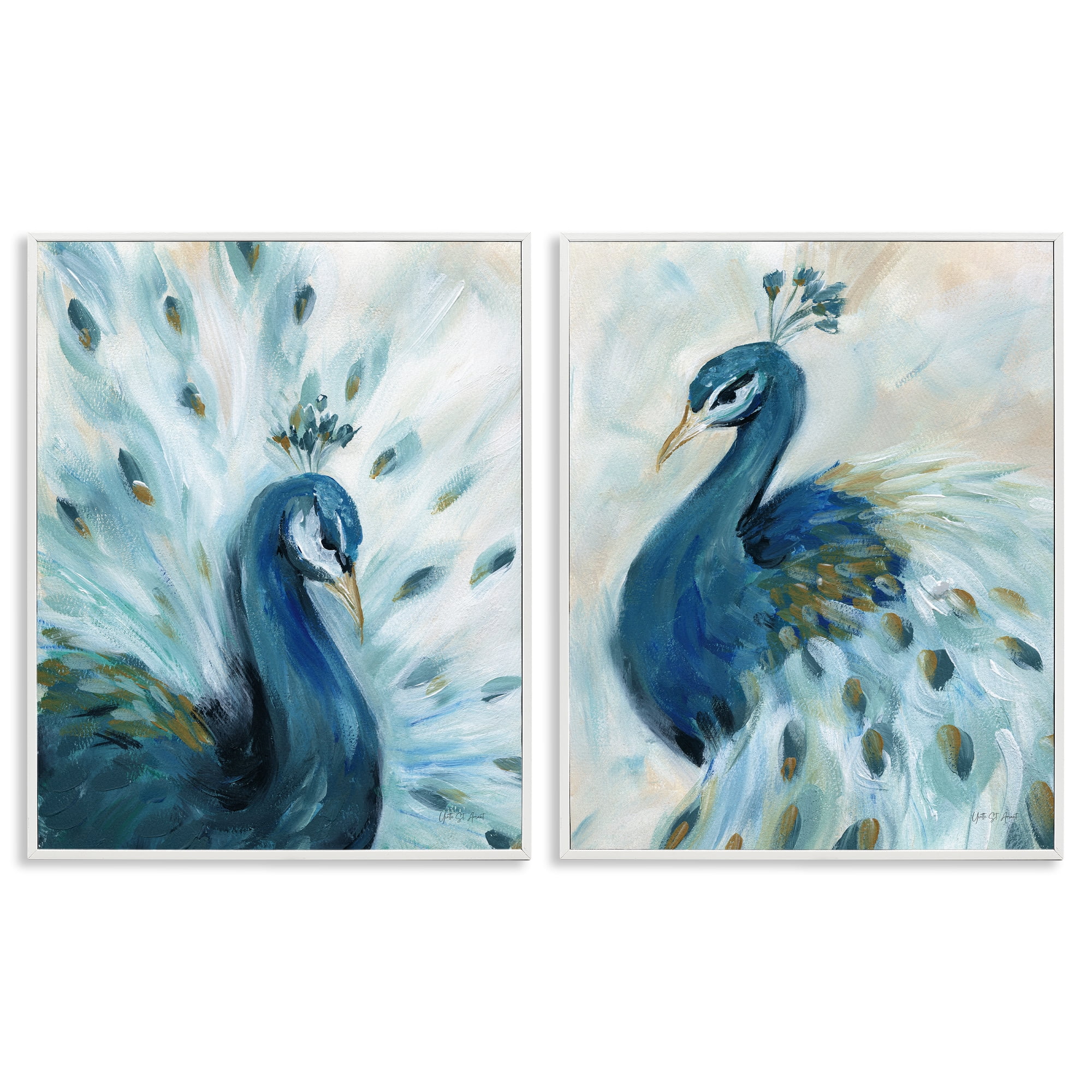Stupell Industries Gentle Pretty Peacocks Animals Painting White Framed Art Print Wall Art, 16 x 20, Set of 2