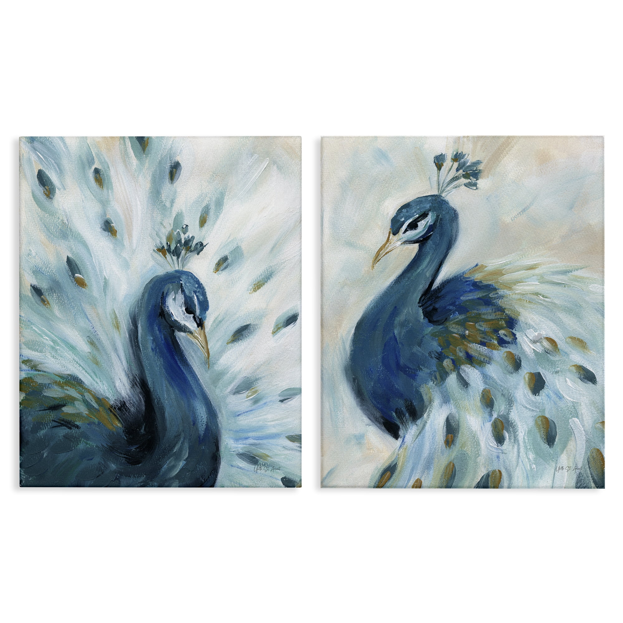 Stupell Industries Gentle Pretty Peacocks Animals Painting Wrapped Canvas Art Print Wall Art, 16 x 20, Set of 2