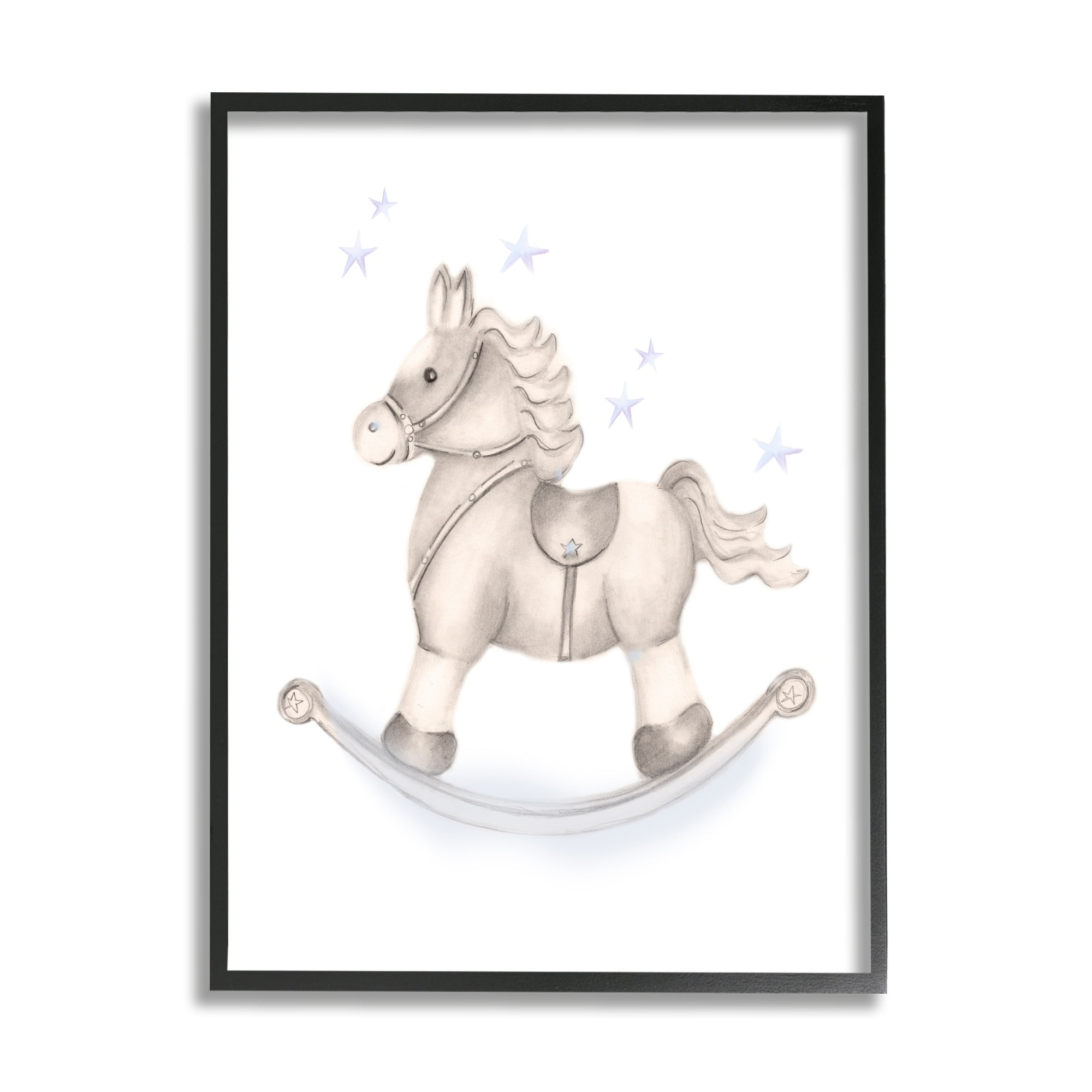 Stupell Industries Gentle Rocking Horse Blue Stars Nursery Playroom Graphic Art Black Framed Art Print Wall Art, Design by Studio Q