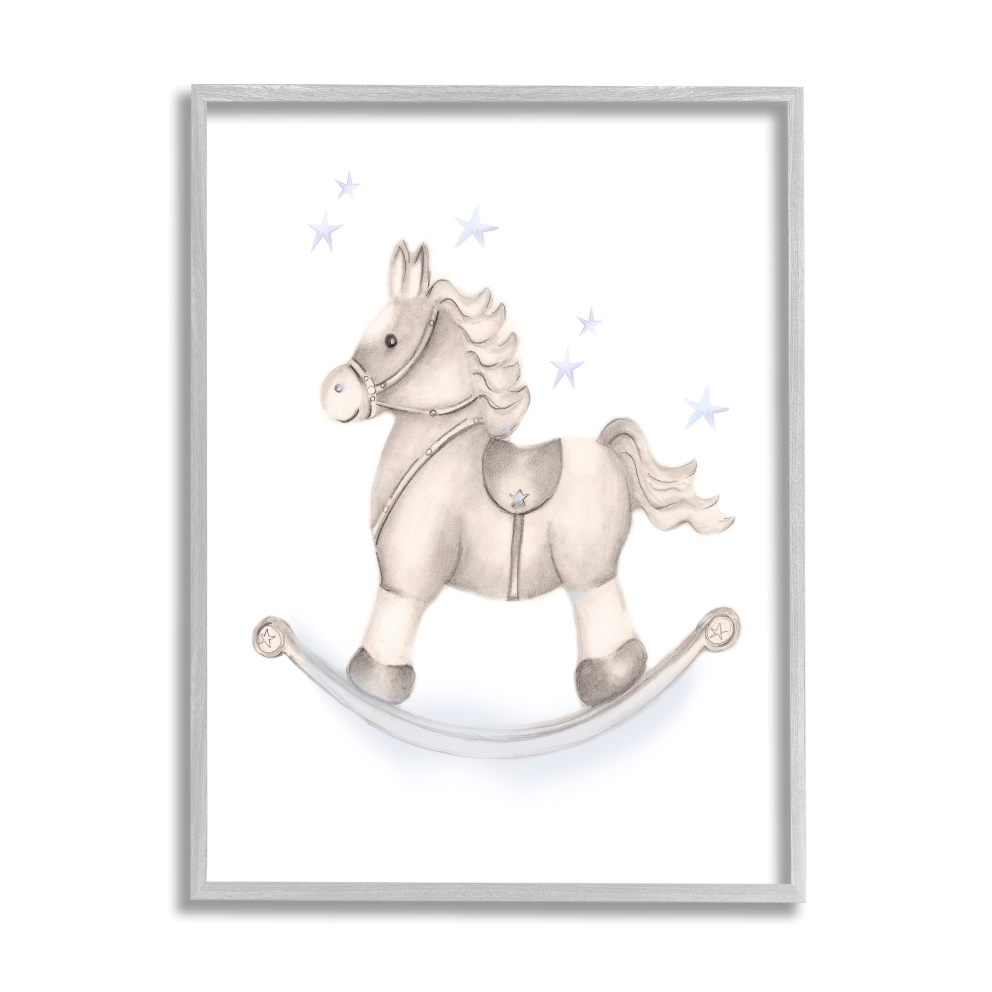 Stupell Industries Gentle Rocking Horse Blue Stars Nursery Playroom Graphic Art Gray Framed Art Print Wall Art, Design by Studio Q