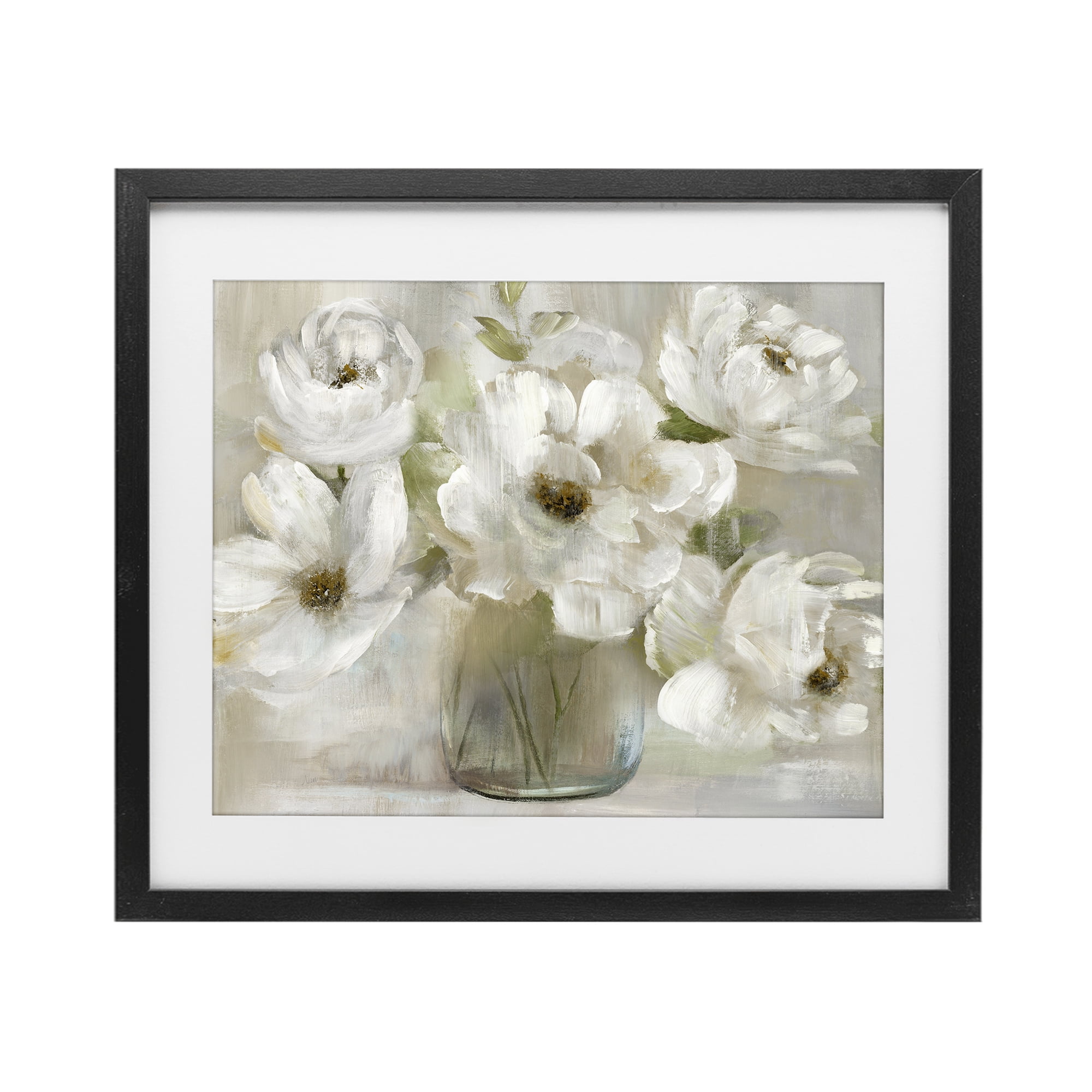 Stupell Industries Gentle White Petals in Vase Black Framed Print Under Glass, design by Nan