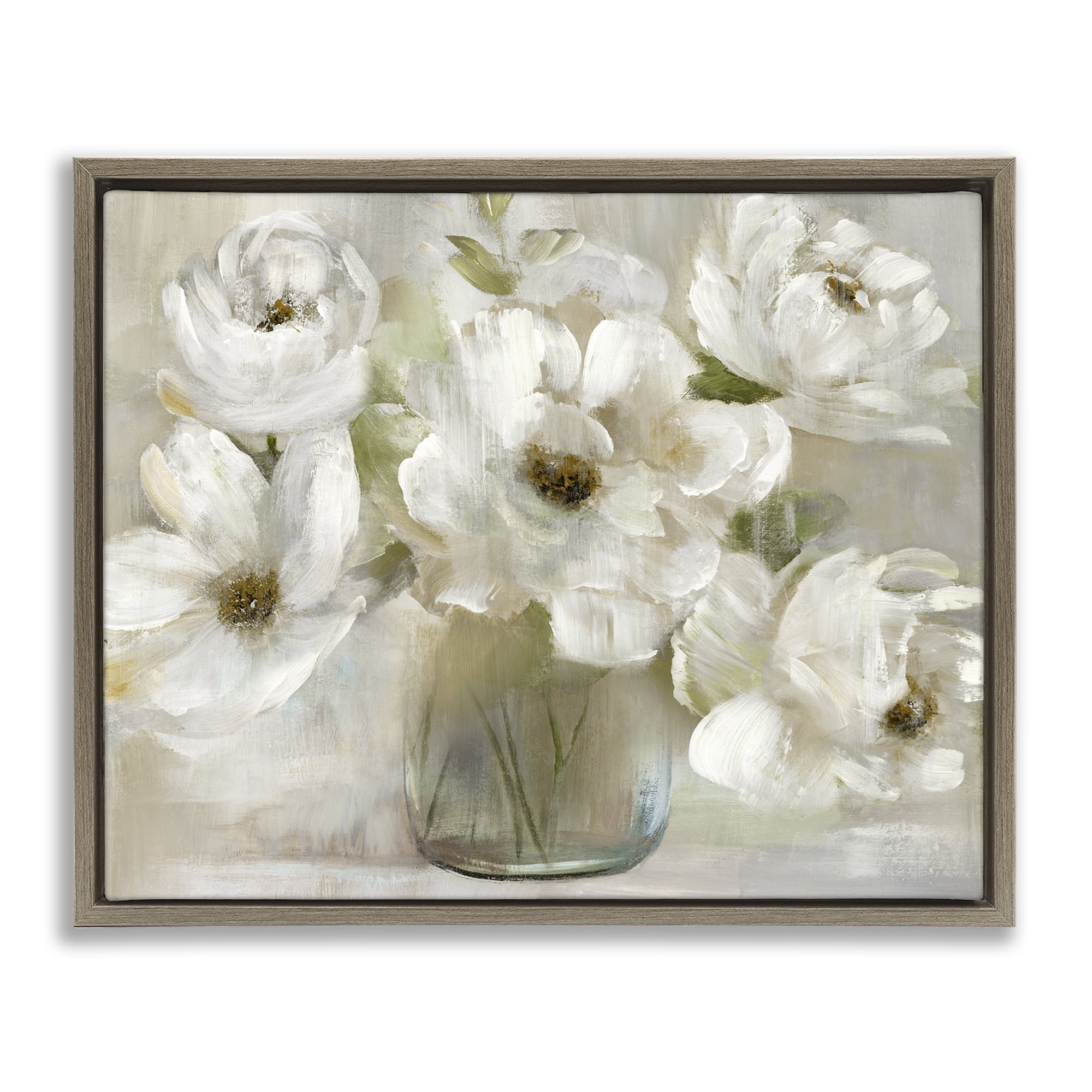 Stupell Industries Gentle White Petals in Vase Brown Framed Floater Canvas Wall Art, design by Nan
