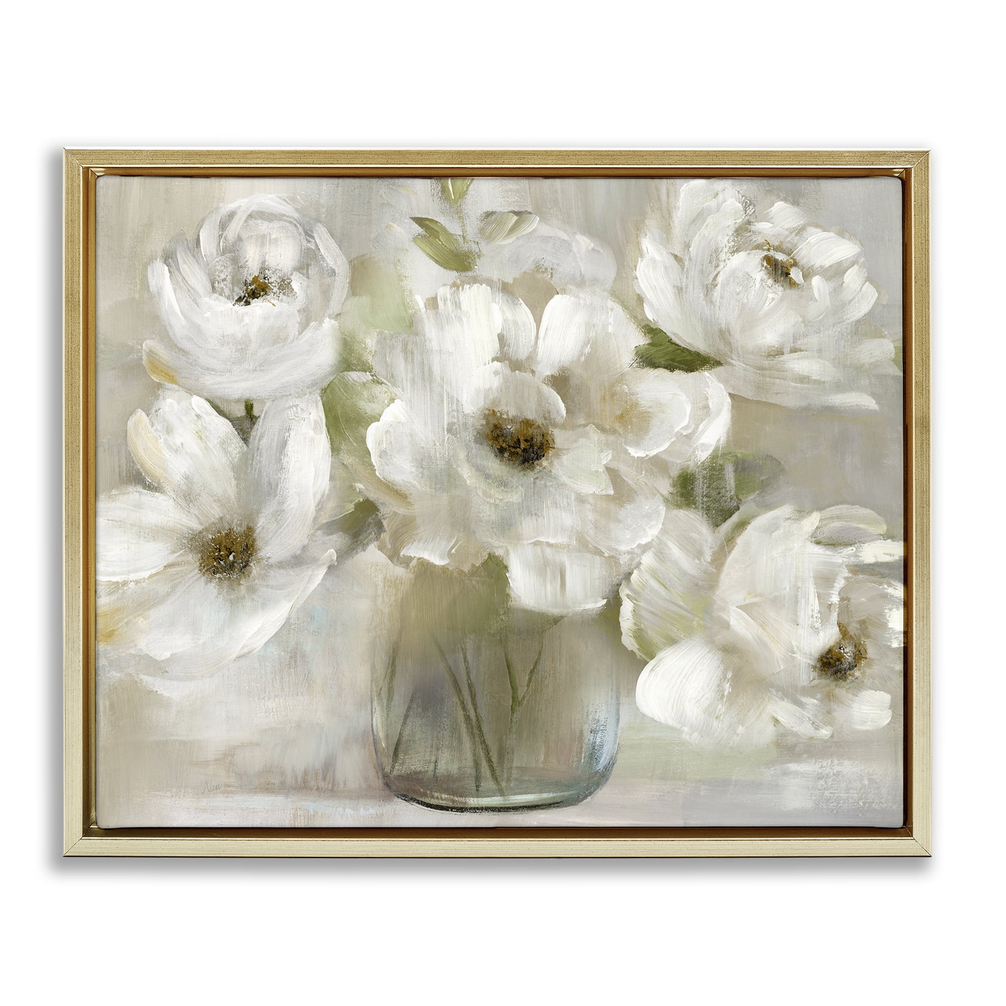 Stupell Industries Gentle White Petals in Vase Gold Framed Floater Canvas Wall Art, design by Nan