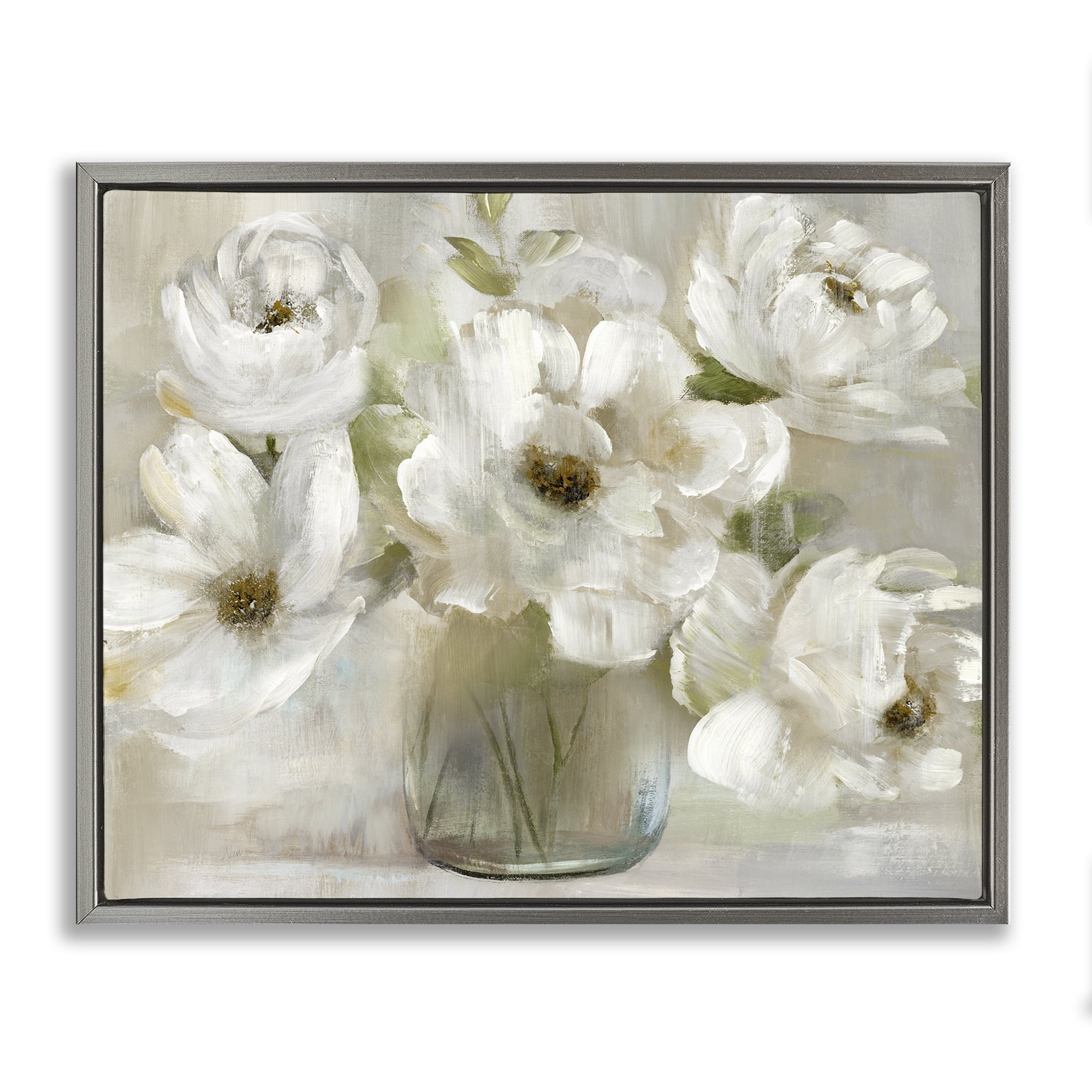 Stupell Industries Gentle White Petals in Vase Gray Framed Floater Canvas Wall Art, design by Nan