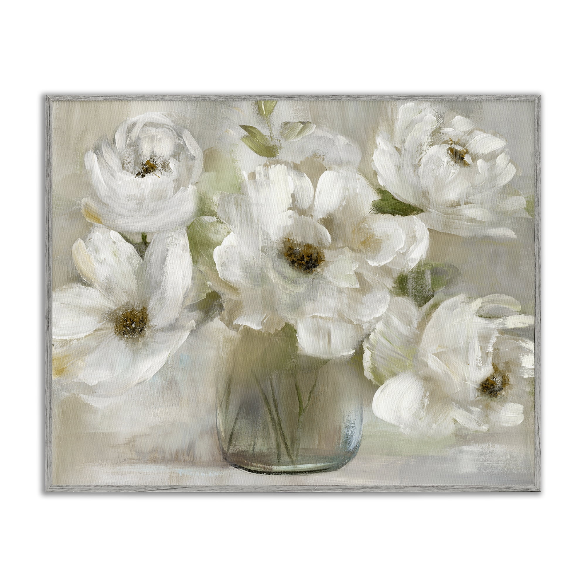 Stupell Industries Gentle White Petals in Vase Gray Framed Giclee Art, design by Nan