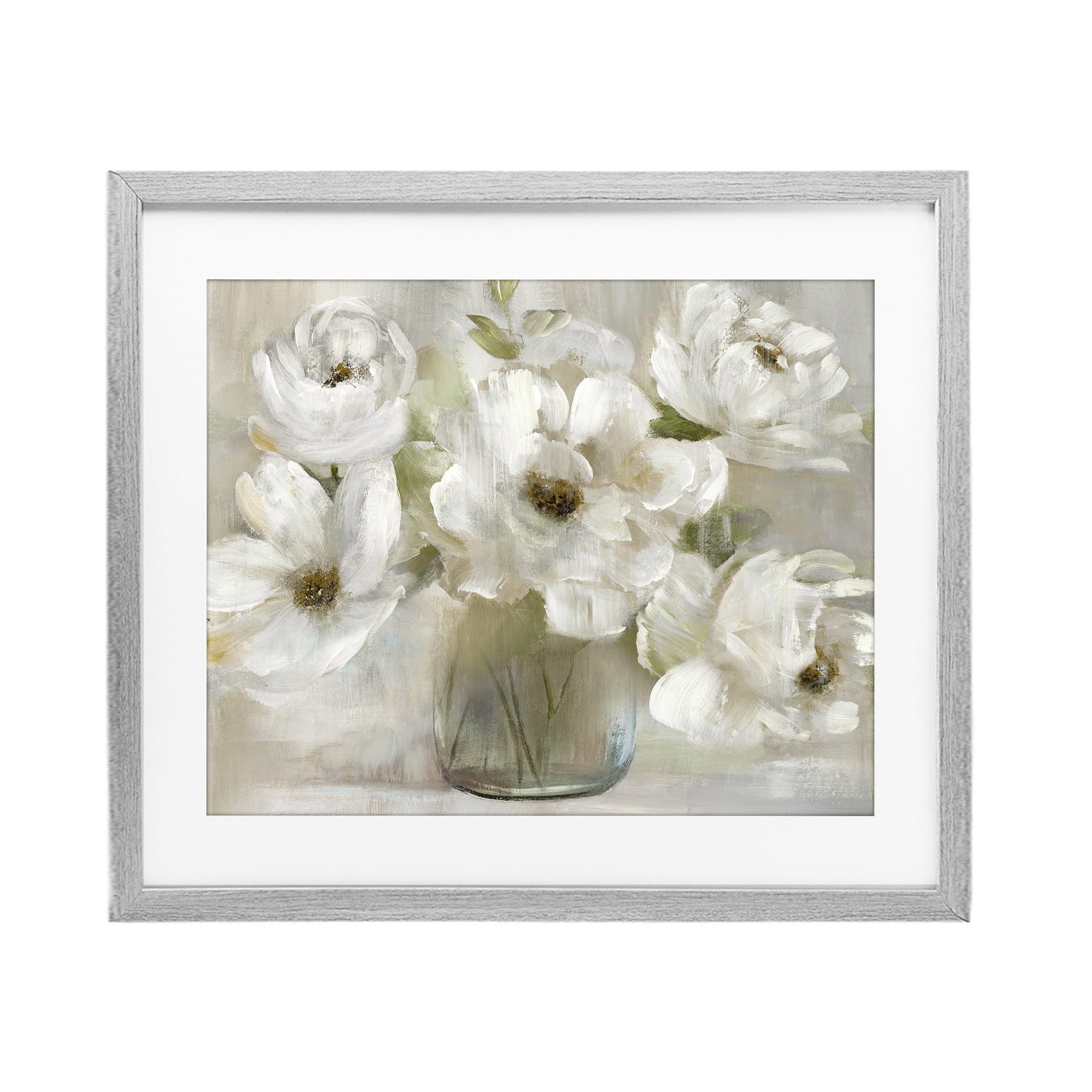 Stupell Industries Gentle White Petals in Vase Gray Framed Print Under Glass, design by Nan