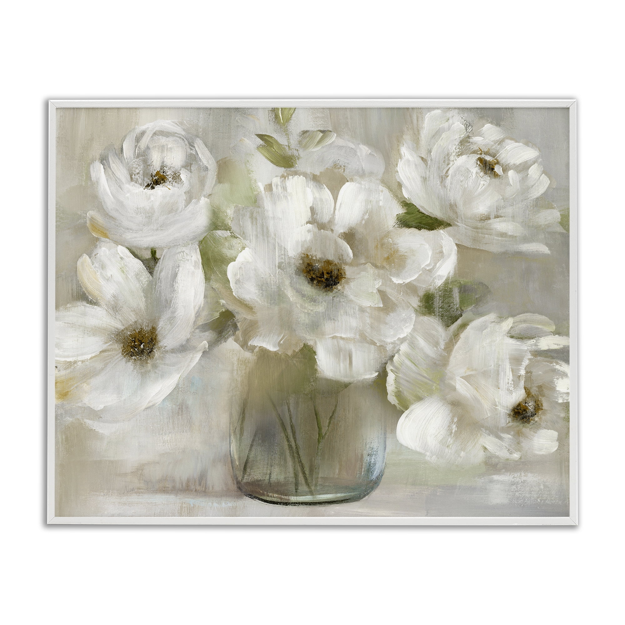 Stupell Industries Gentle White Petals in Vase White Framed Giclee Art, design by Nan