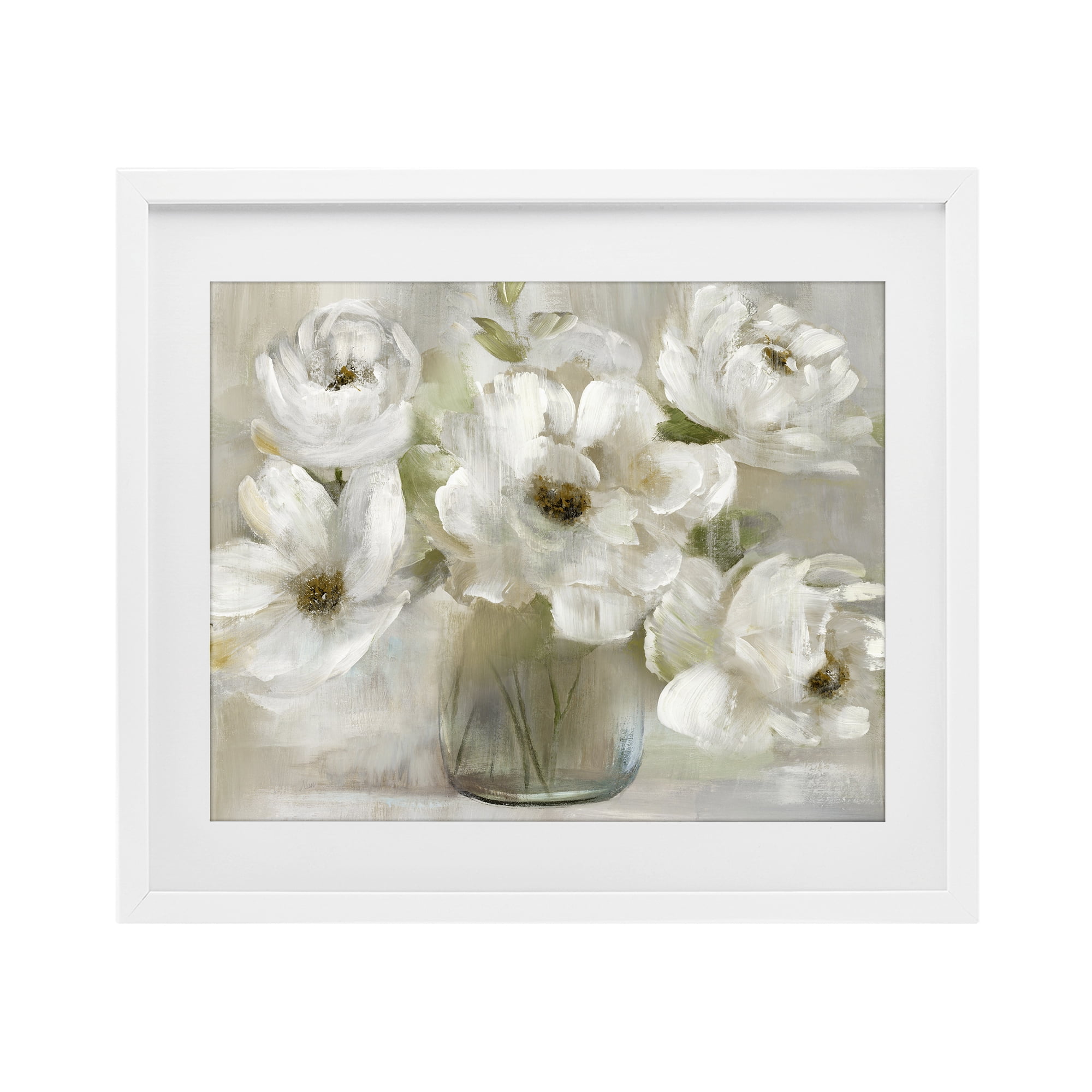 Stupell Industries Gentle White Petals in Vase White Framed Print Under Glass, design by Nan