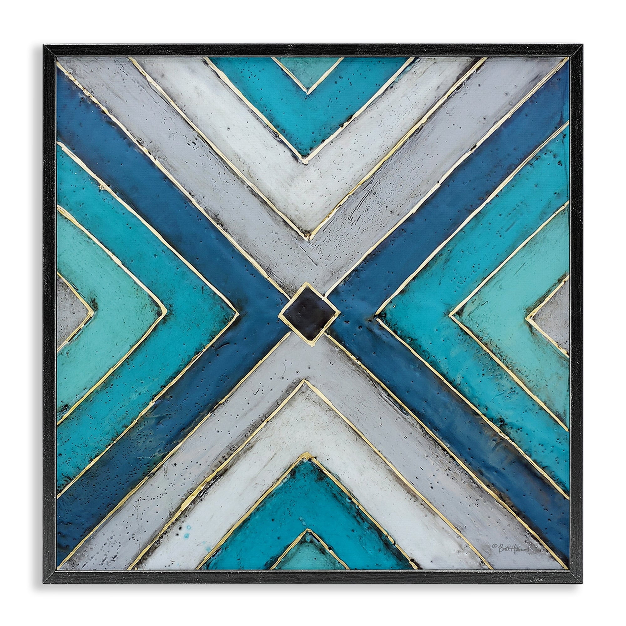 Stupell Industries Geometric Blue Grey Tile Symmetrical Patterned Design Framed Wall Art Design by Britt Hallowell, 12" x 12", Black Framed