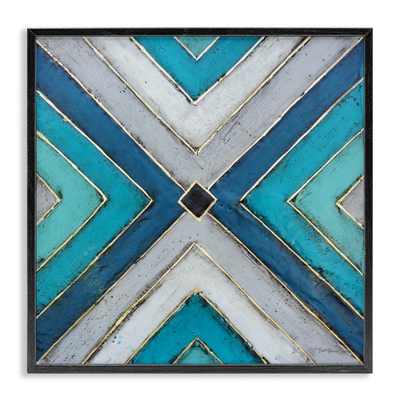 Stupell Industries Geometric Blue Grey Tile Symmetrical Patterned Design Framed Wall Art Design by Britt Hallowell, 12" x 12", Black Framed