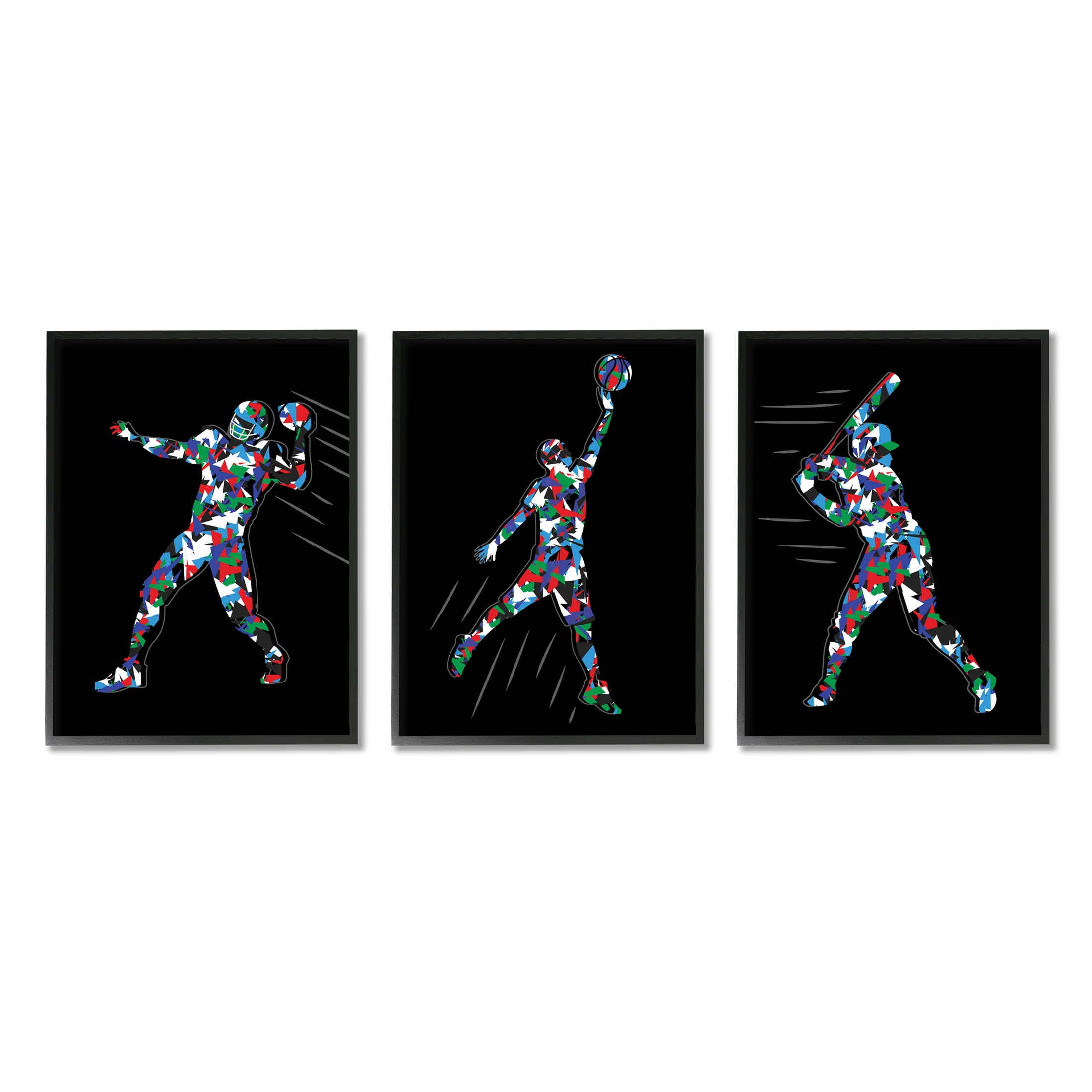 Stupell Industries Geometric Pattern Sports Players Graphic Art Black Framed Art Print Wall Art, Set of 3, Design by Arrolynn Weiderhold