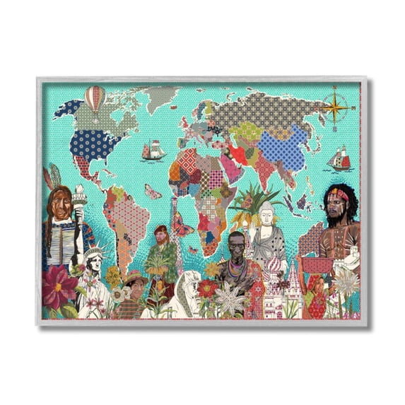 Stupell Industries Geometric Pattern World Map Diverse Cultures Design by Sangita Bachelet, 11" x 14", Gray Framed