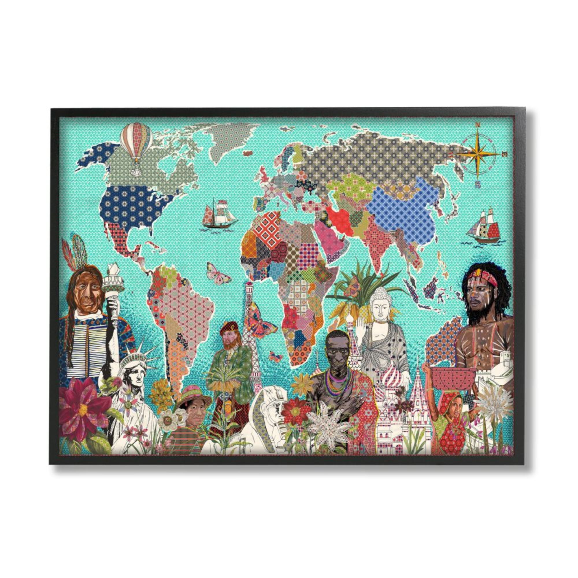Stupell Industries Geometric Pattern World Map Diverse Cultures Design by Sangita Bachelet, 16" x 20", Black Framed