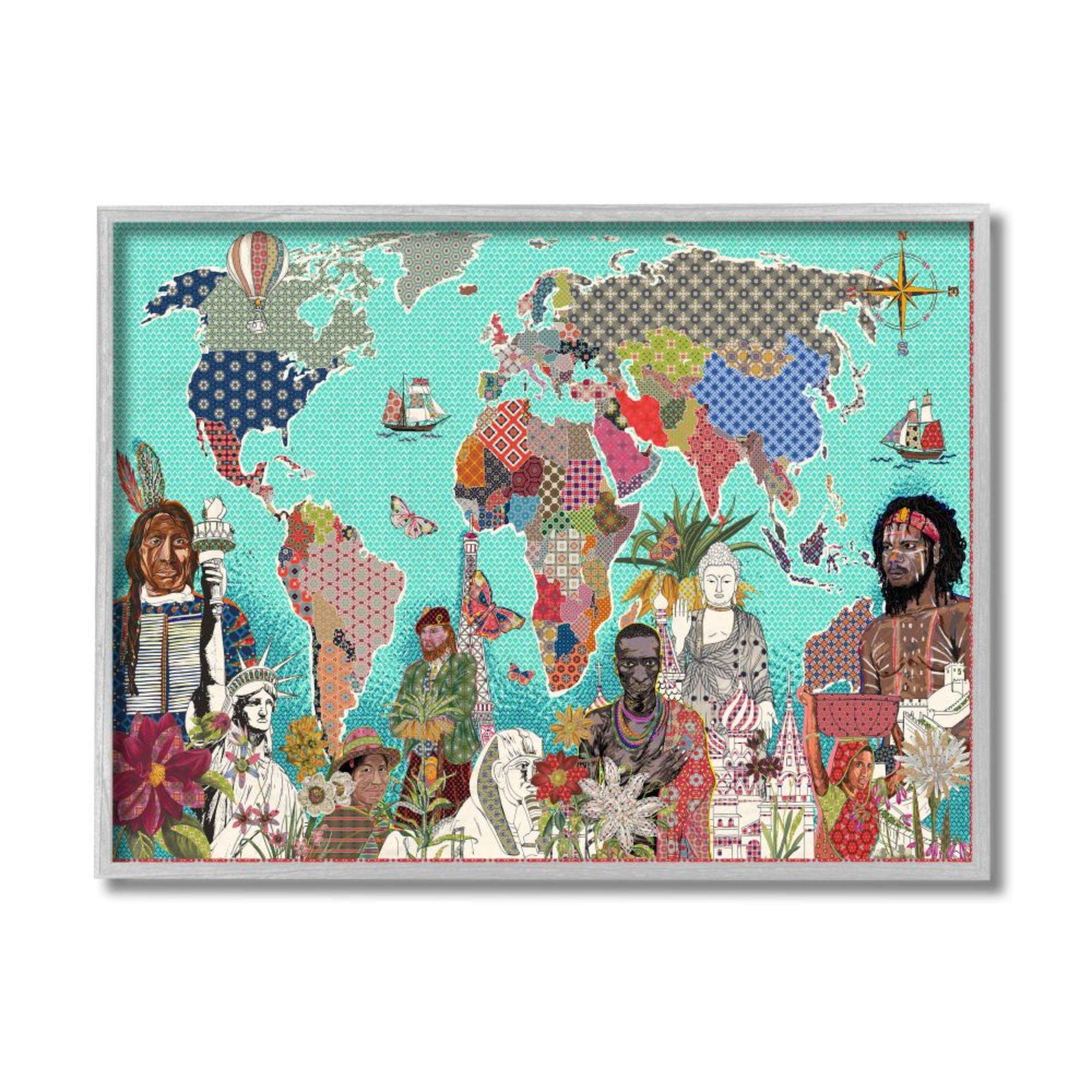Stupell Industries Geometric Pattern World Map Diverse Cultures Design by Sangita Bachelet, 16" x 20", Gray Framed