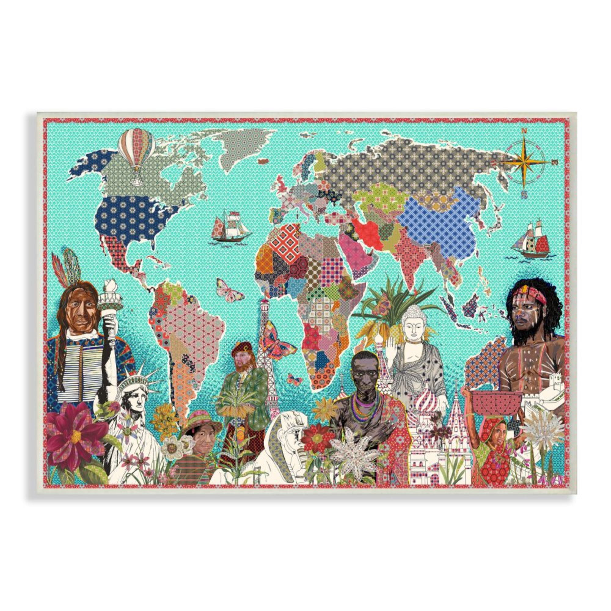 Stupell Industries Geometric Pattern World Map Diverse Cultures Design by Sangita Bachelet