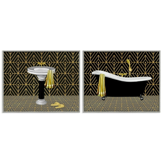 Stupell Industries Geometric Patterned Bathroom Views 2 Piece Gray Framed Giclee Art Set design by Conrad Knutsen, 16 x 20