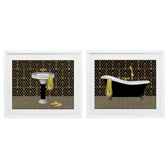 Stupell Industries Geometric Patterned Bathroom Views 2 Piece White Framed Print Under Glass Set design by Conrad Knutsen, 13 x 16