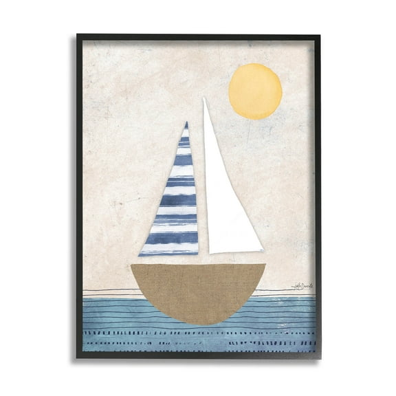Stupell Industries Geometric Sailboat Striped Ocean Water Graphic Art Black Framed Art Print Wall Art, Design by Katie Doucette