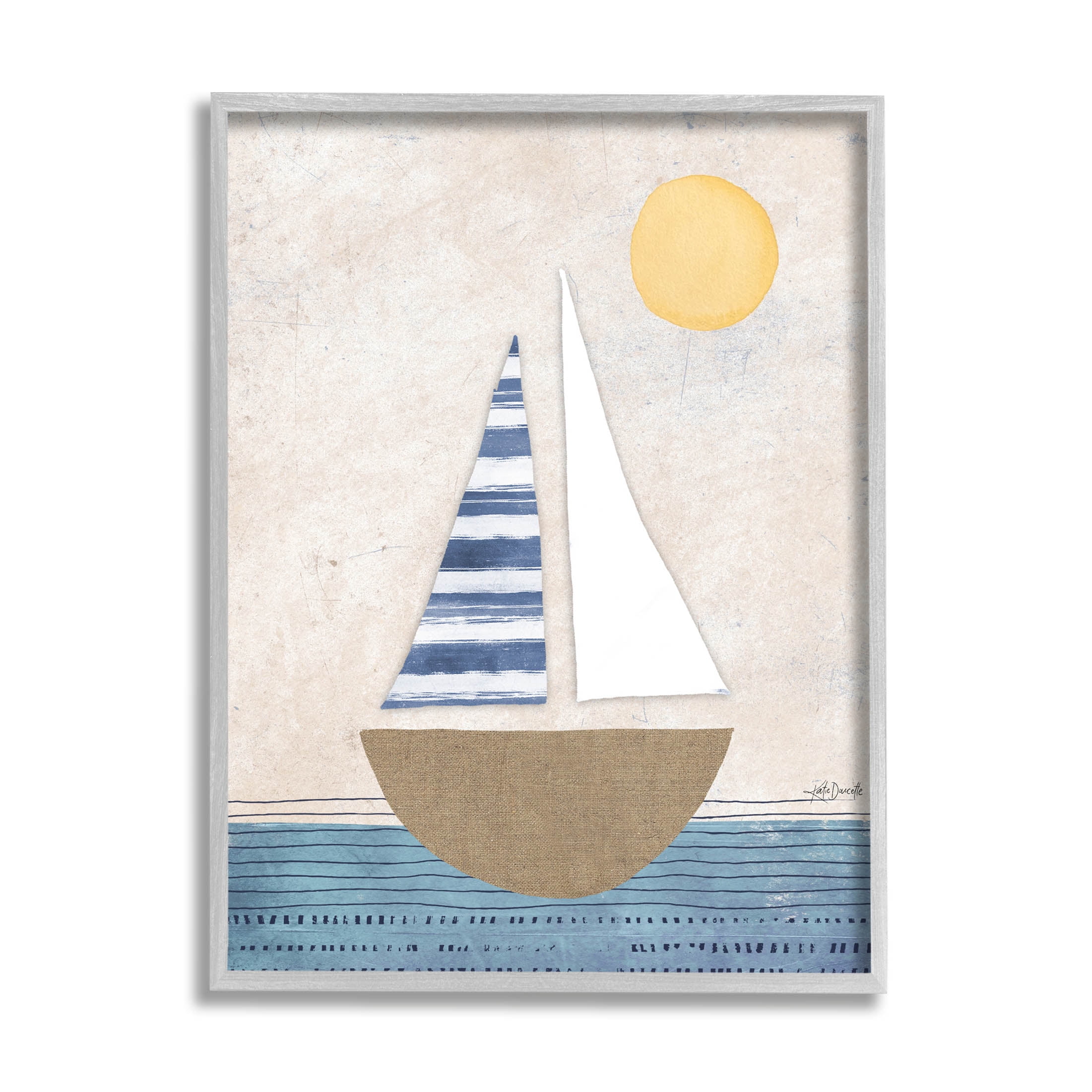 Stupell Industries Geometric Sailboat Striped Ocean Water Graphic Art Gray Framed Art Print Wall Art, Design by Katie Doucette