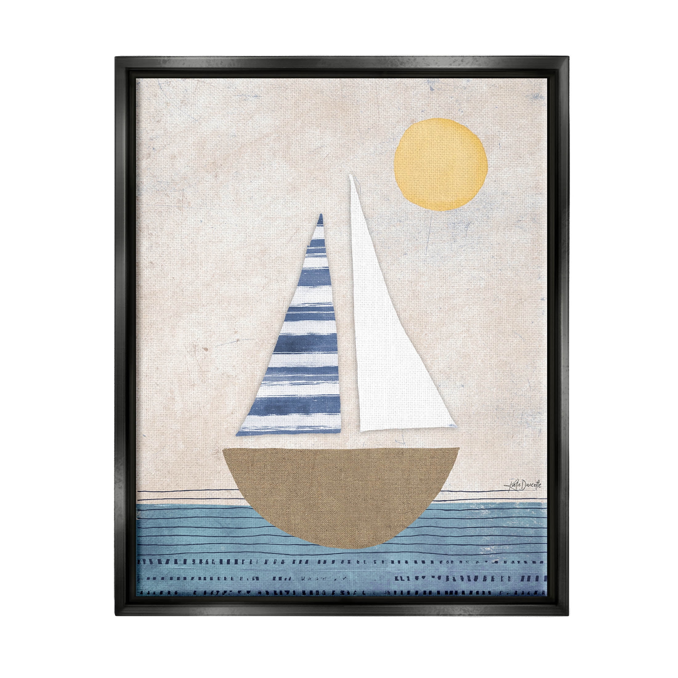 Stupell Industries Geometric Sailboat Striped Ocean Water Graphic Art Jet Black Floating Framed Canvas Print Wall Art, Design by Katie Doucette