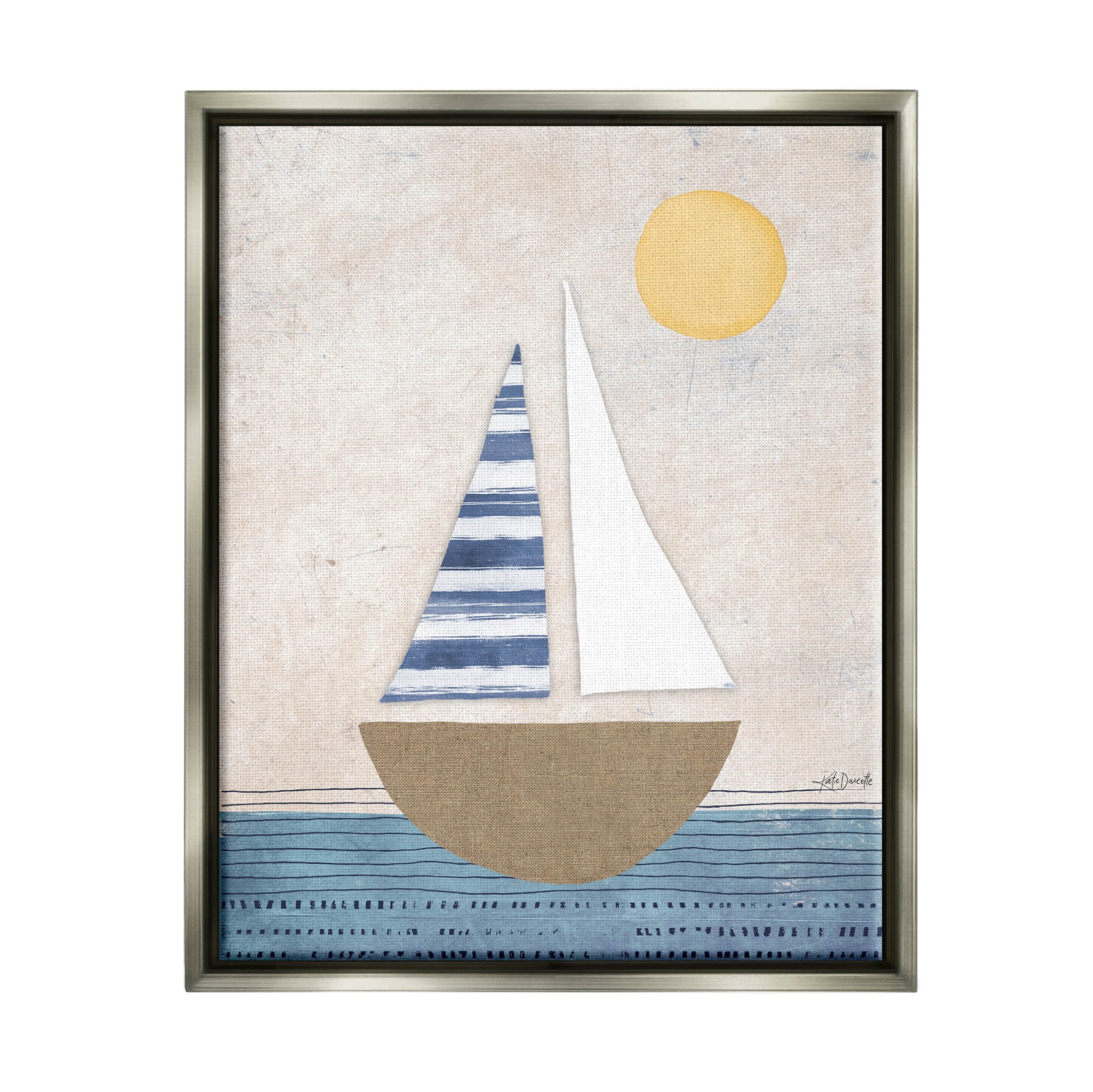 Stupell Industries Geometric Sailboat Striped Ocean Water Graphic Art Luster Gray Floating Framed Canvas Print Wall Art, Design by Katie Doucette