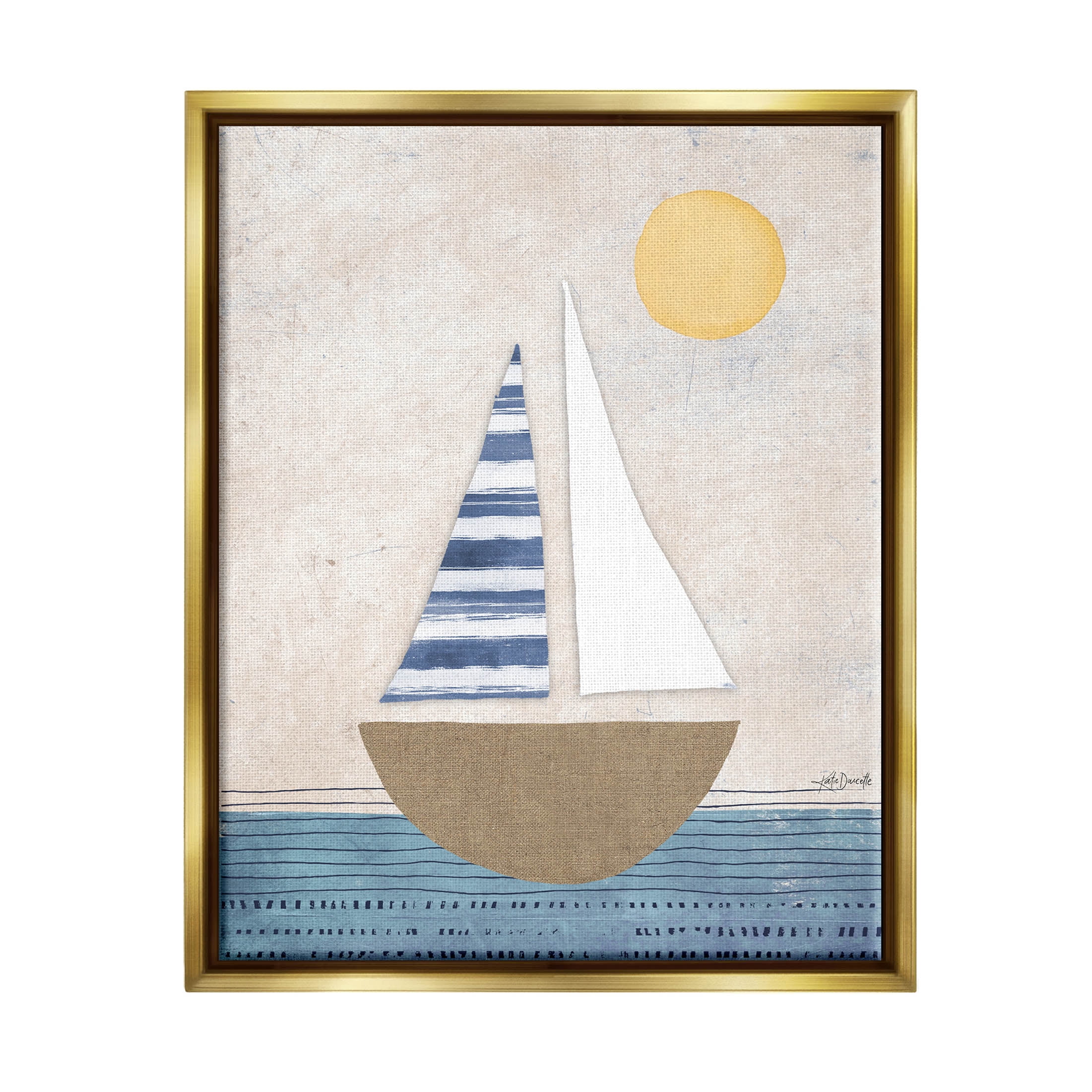 Stupell Industries Geometric Sailboat Striped Ocean Water Graphic Art Metallic Gold Floating Framed Canvas Print Wall Art, Design by Katie Doucette