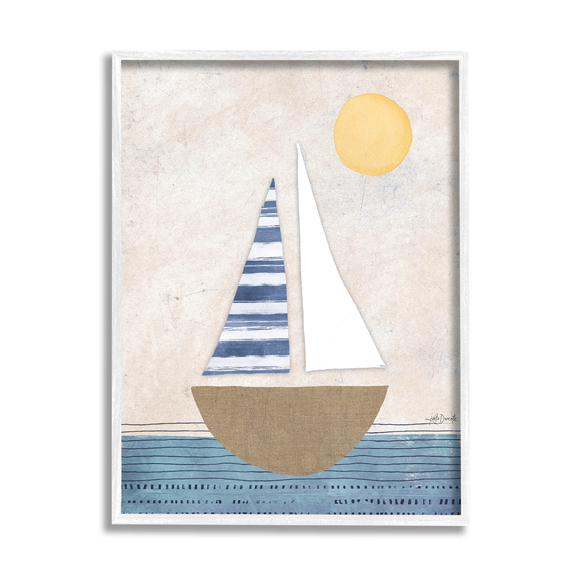 Stupell Industries Geometric Sailboat Striped Ocean Water Graphic Art White Framed Art Print Wall Art, Design by Katie Doucette