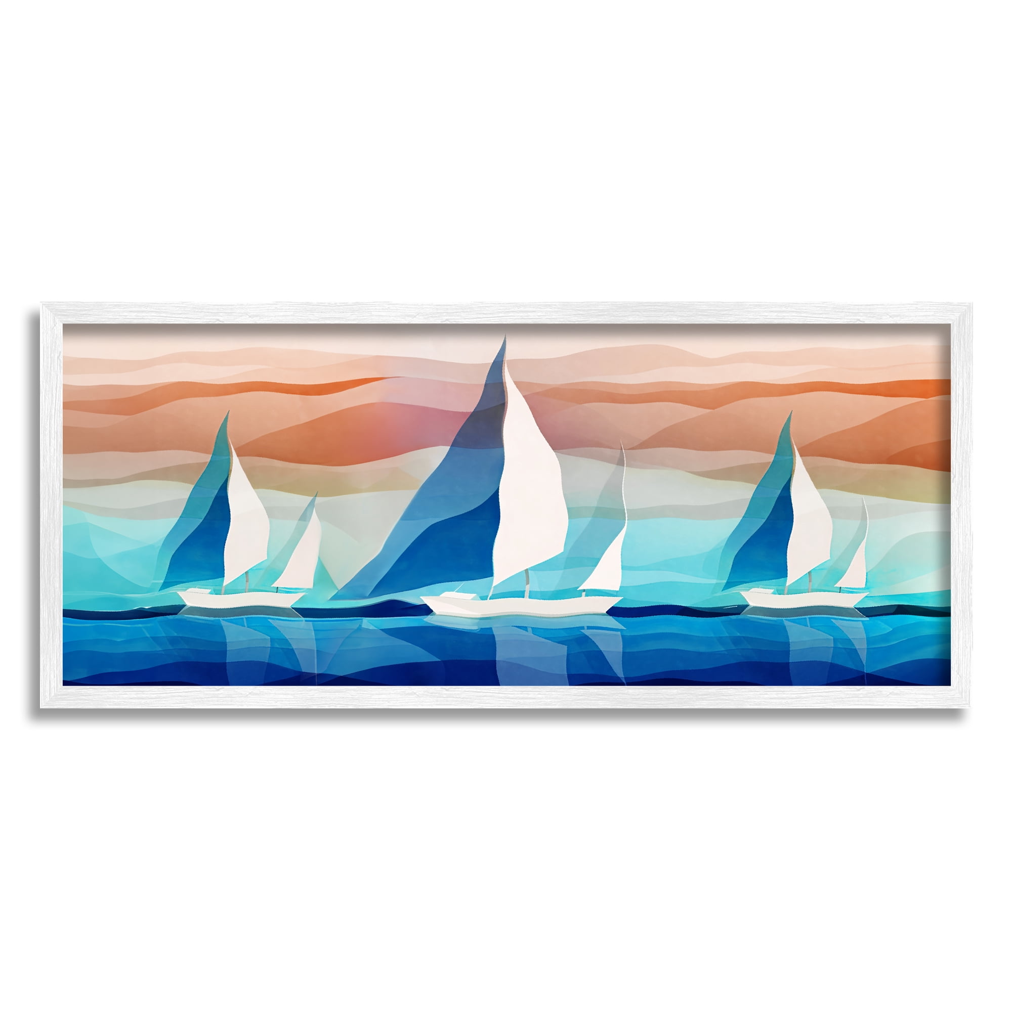 Stupell Industries Geometric Sailboats Scenery Transportation Painting White Framed Art Print Wall Art, 24 x 10