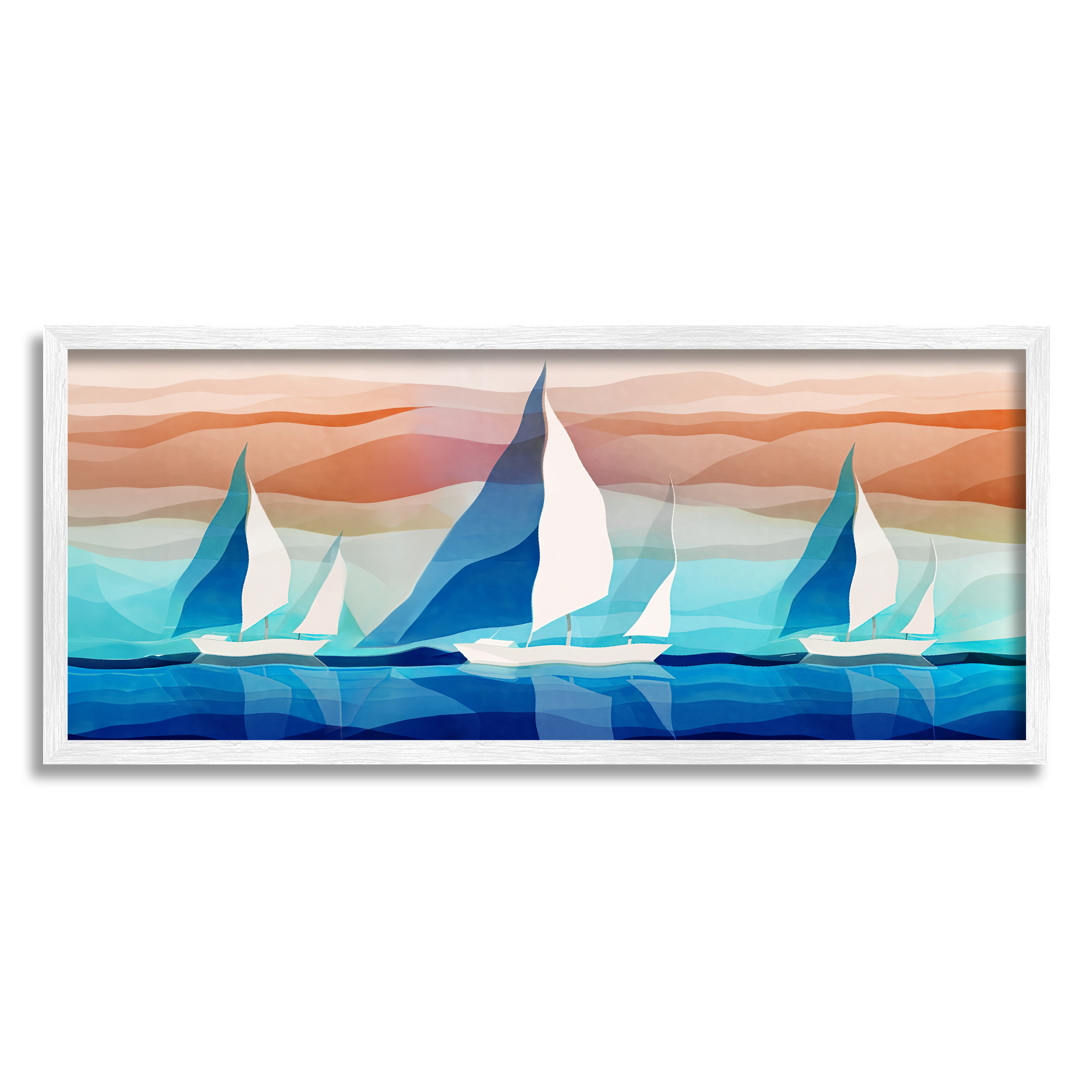 Stupell Industries Geometric Sailboats Scenery Transportation Painting White Framed Art Print Wall Art, 30 x 13
