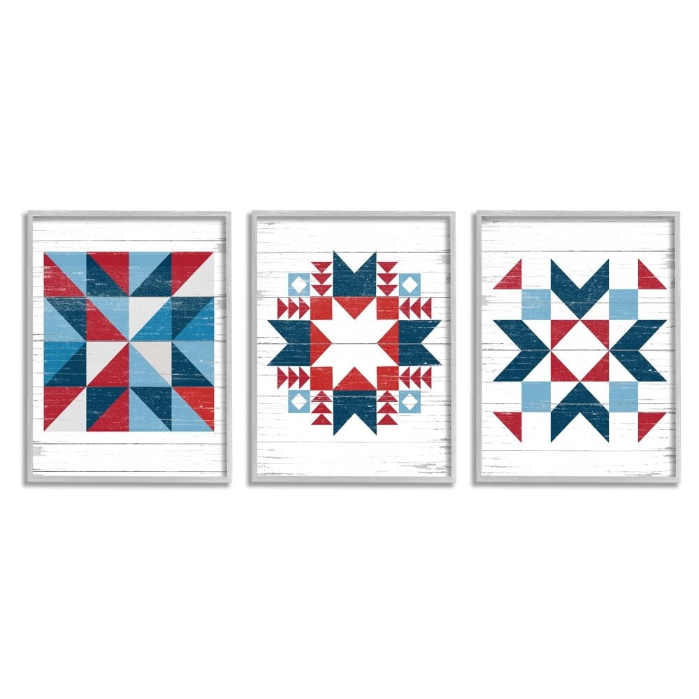 Stupell Industries Geometric Triangular Quilt Pattern Design Red White Blue Framed Wall Art Design by Lettered and Lined, 3 Piece, 11" x 14", Gray Framed