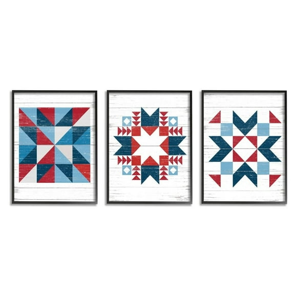 Stupell Industries Geometric Triangular Quilt Pattern Design Red White Blue Framed Wall Art Design by Lettered and Lined, 3 Piece, 11" x 14", Black Framed