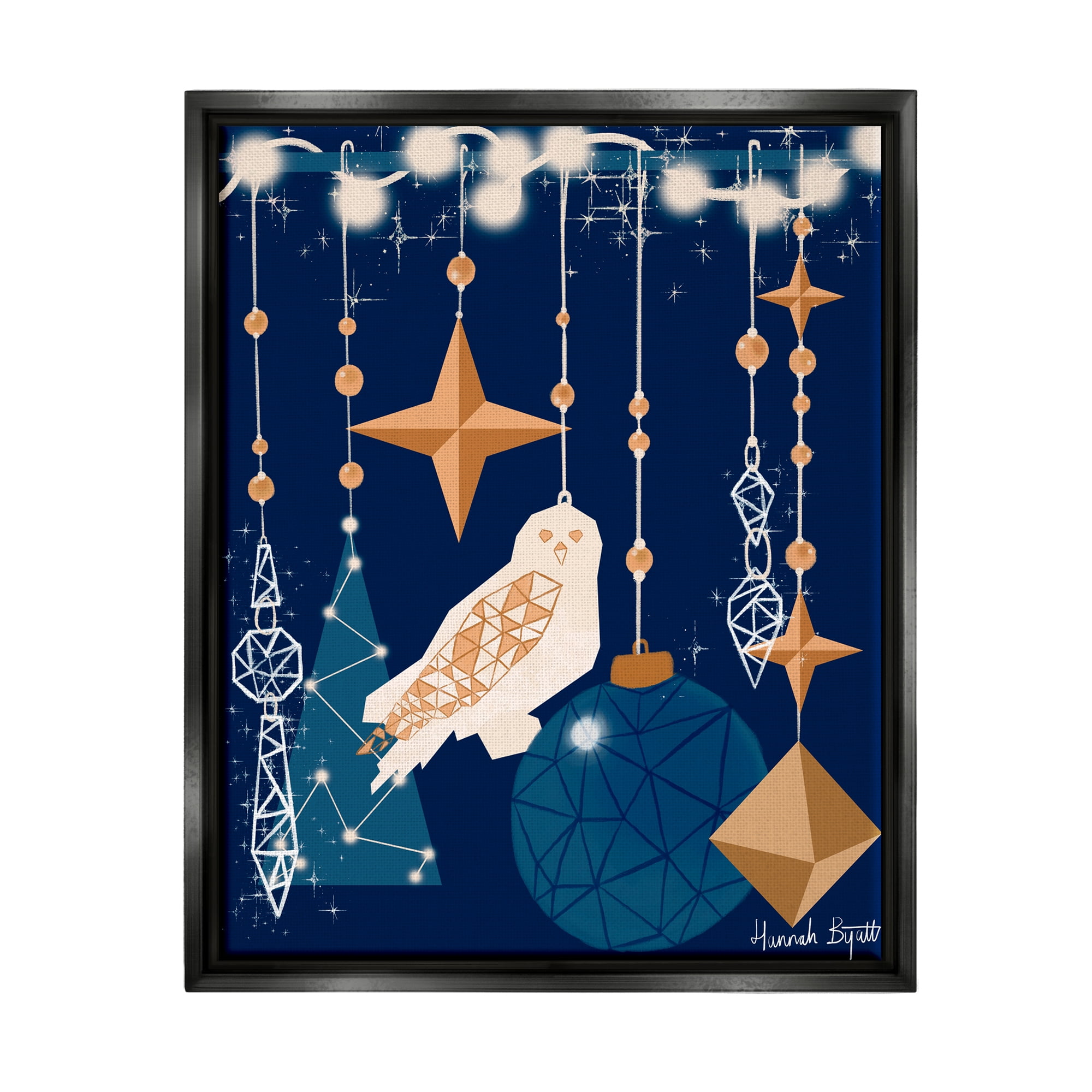 Stupell Industries Geometric Winter Owl Holiday Painting Black Floater Framed Art Print Wall Art, 25 x 31