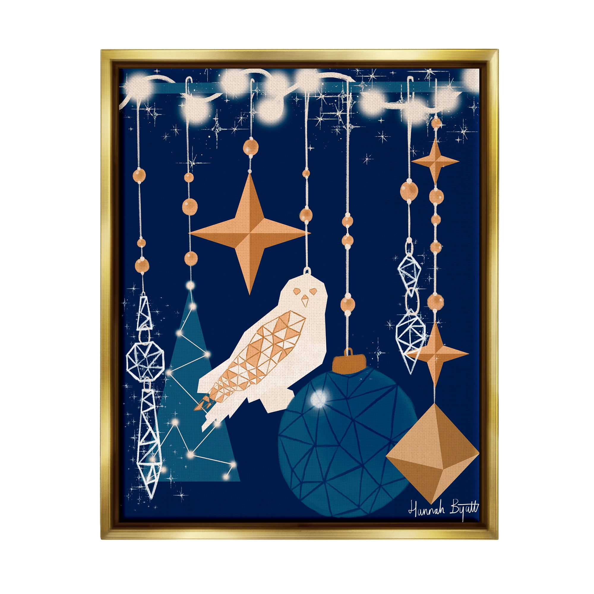 Stupell Industries Geometric Winter Owl Holiday Painting Gold Floater Framed Art Print Wall Art, 25 x 31