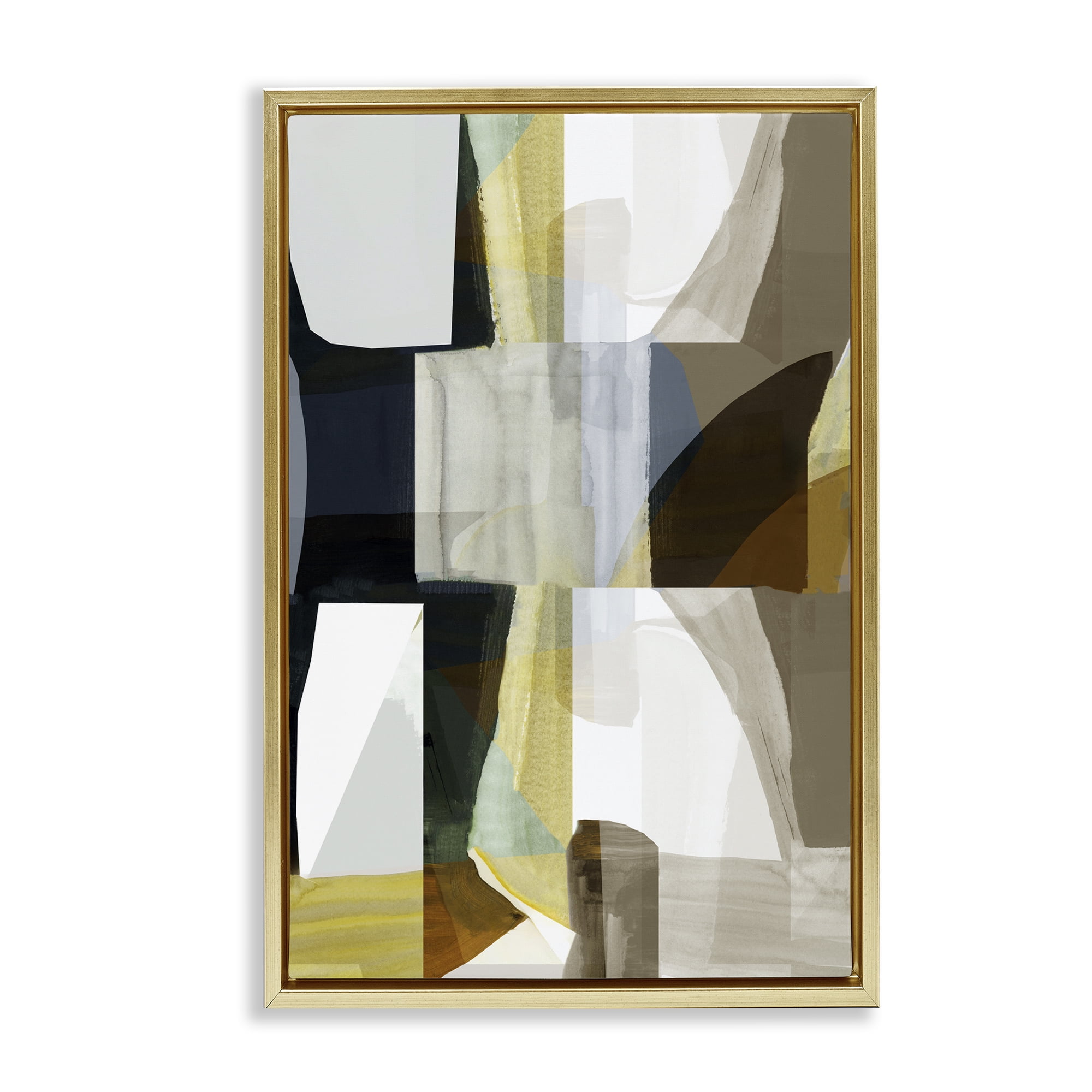 Stupell Industries Geometric with White Blocks Abstract Painting Gold Floater Framed Canvas Art Print Wall Art, 17 x 25