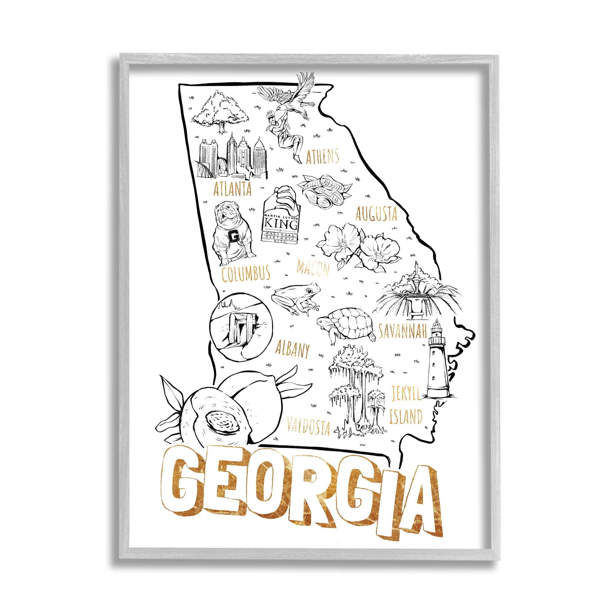 Stupell Industries Georgia Map Landmark Diagram Typography Design Framed Wall Art, 16 x 20, Design by Ziwei Li