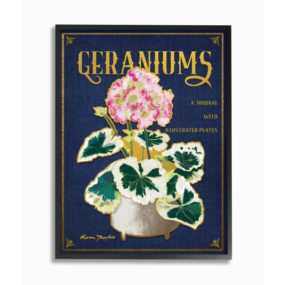 Stupell Industries Geraniums Blue Gold Flower Word Design Framed Wall Art by Karen Dreyfus