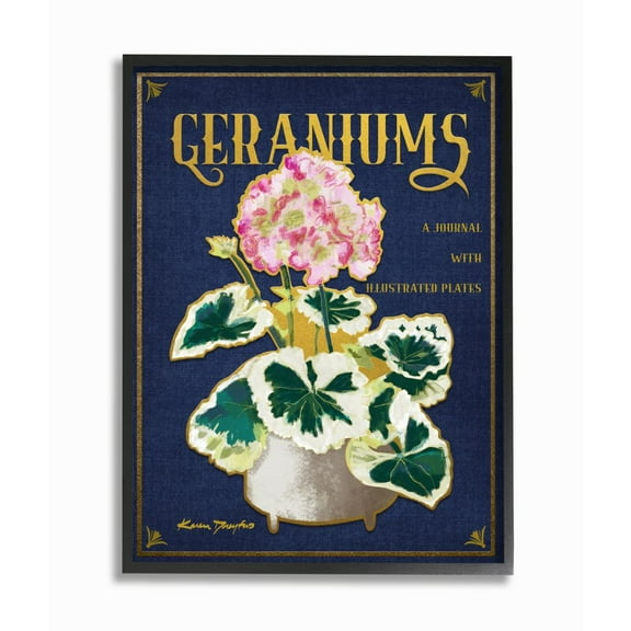 Stupell Industries Geraniums Blue Gold Flower Word Design Graphic Art Black Framed Art Print Wall Art, 11x14, by Karen Dreyfus