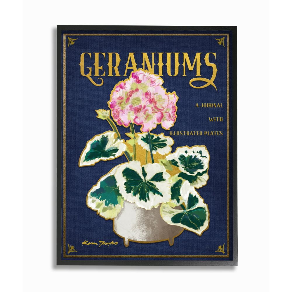Stupell Industries Geraniums Blue Gold Flower Word Design Graphic Art Black Framed Art Print Wall Art, 16x20, by Karen Dreyfus
