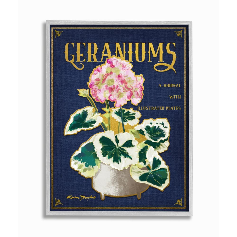 Stupell Industries Geraniums Blue Gold Flower Word Design Graphic Art Gray Framed Art Print Wall Art, 16x20, by Karen Dreyfus