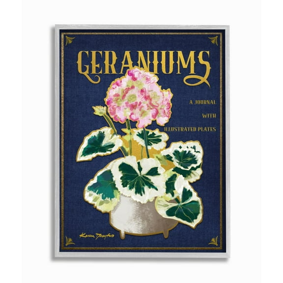 Stupell Industries Geraniums Blue Gold Flower Word Design Graphic Art Gray Framed Art Print Wall Art, 16x20, by Karen Dreyfus