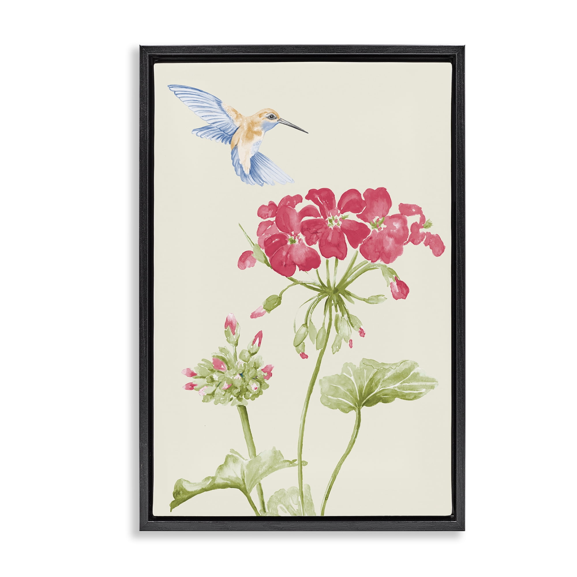 Stupell Industries Geraniums & Hummingbird Botanical & Floral Painting Black Floater Framed Art Print Wall Art, 17 x 25