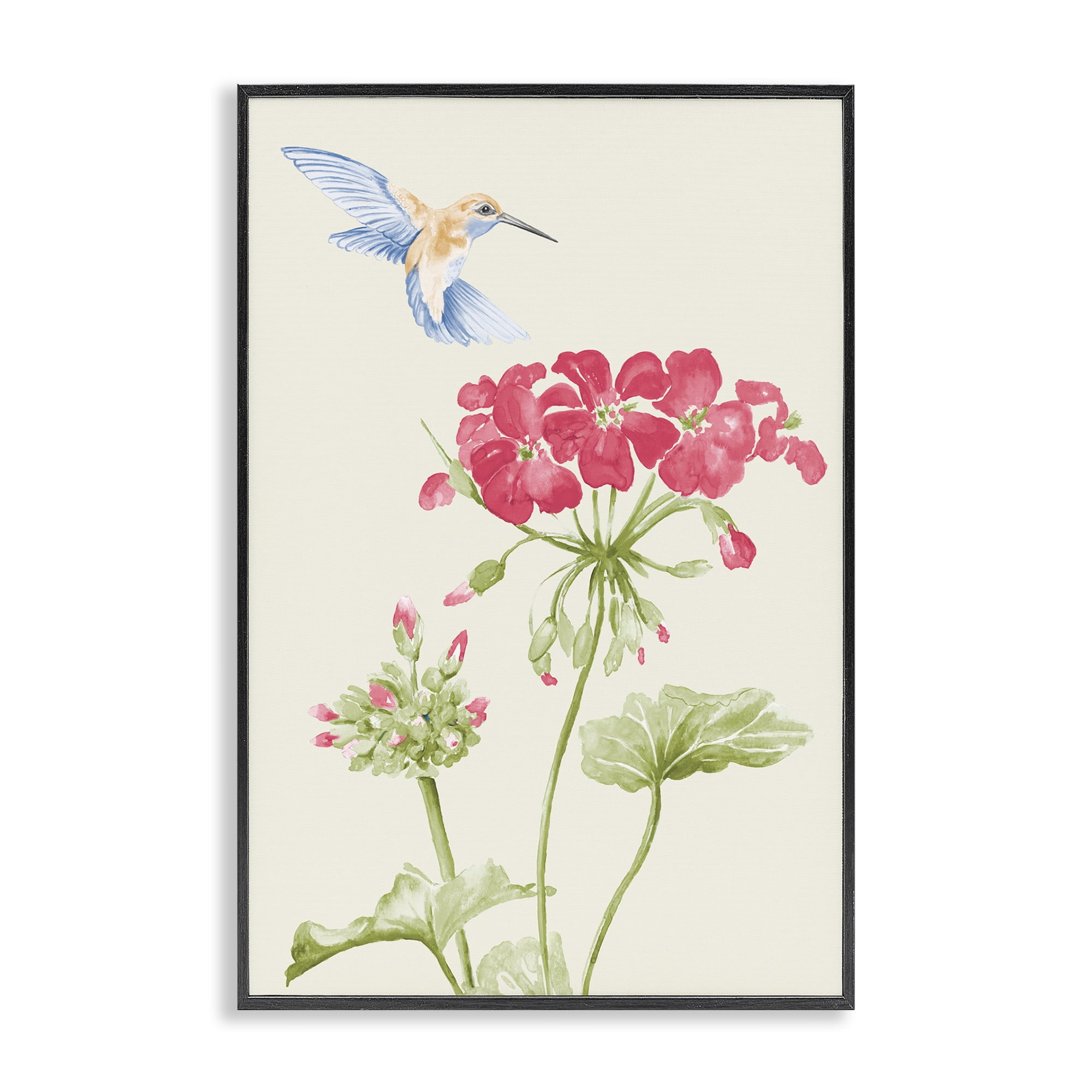 Stupell Industries Geraniums & Hummingbird Botanical & Floral Painting Black Framed Art Print Wall Art, 16 x 24