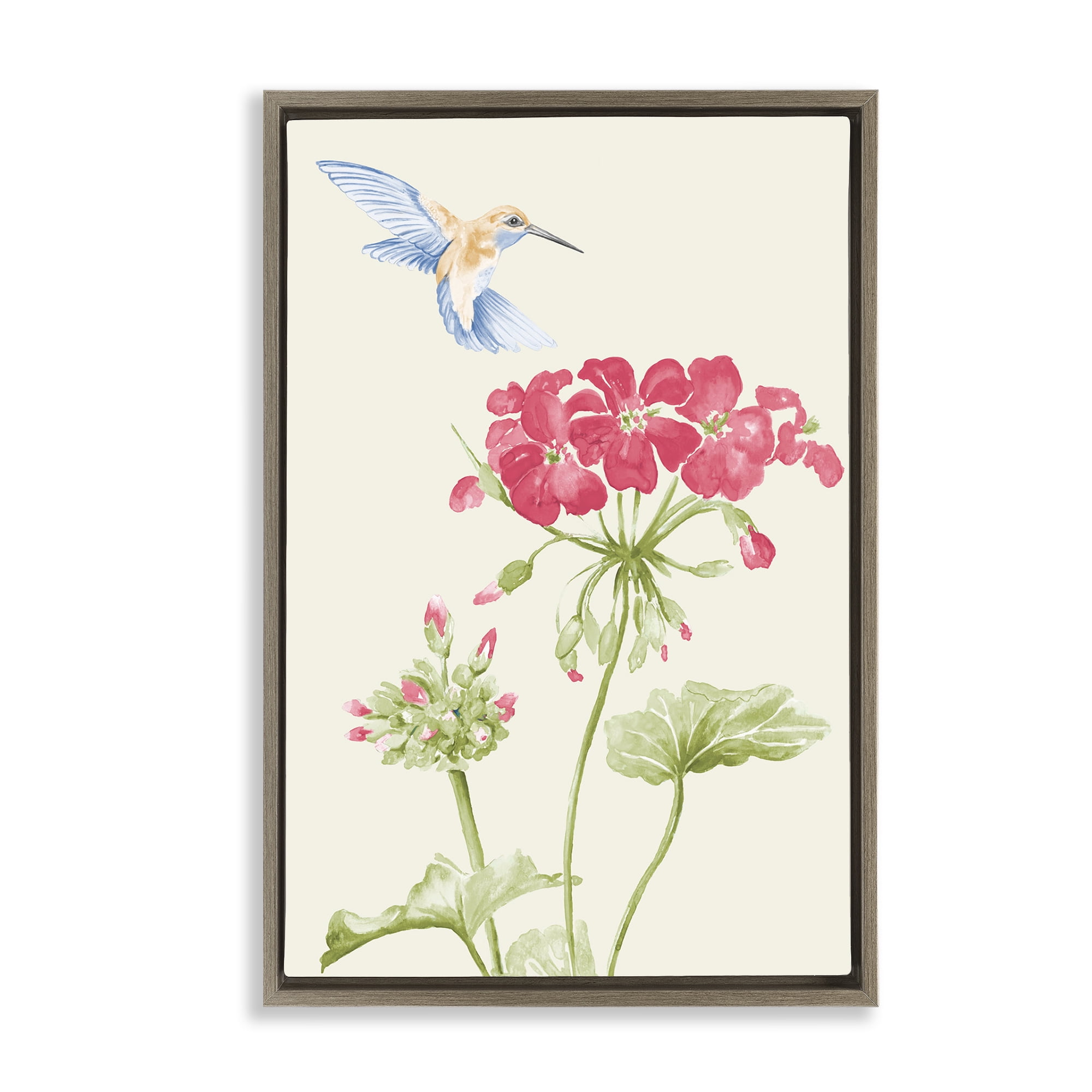 Stupell Industries Geraniums & Hummingbird Botanical & Floral Painting Brown Floater Framed Art Print Wall Art, 17 x 25